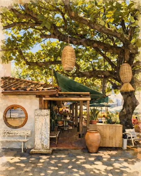 Aquarela da entrada do Clericot com a janela redonda e as luminárias de palha