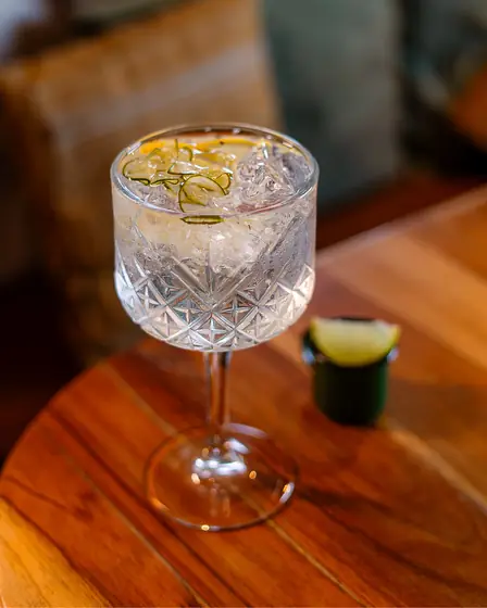 Gin tônica com pepino na taça bojuda