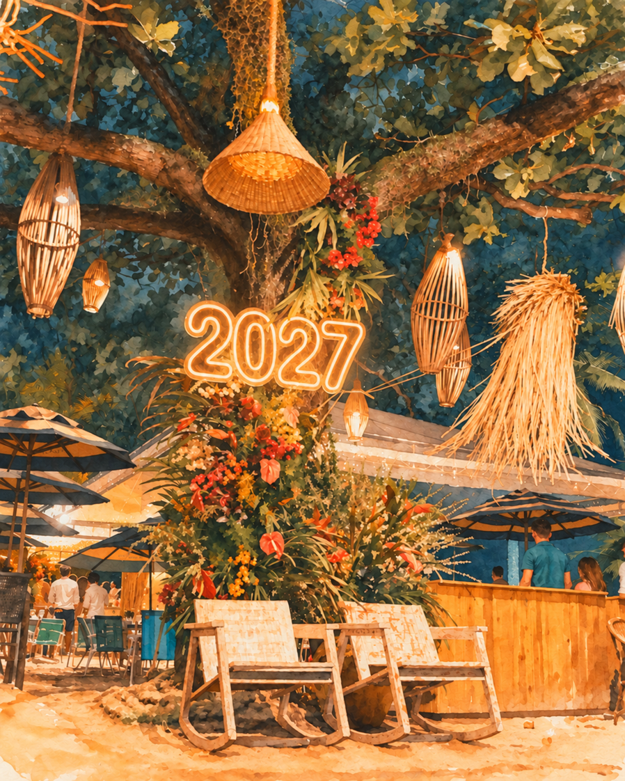 Imagem do PDF do Clericot: luminárias de palha, letreiro 2027, arranjo tropical, cadeiras e pessoas sobre a areia.